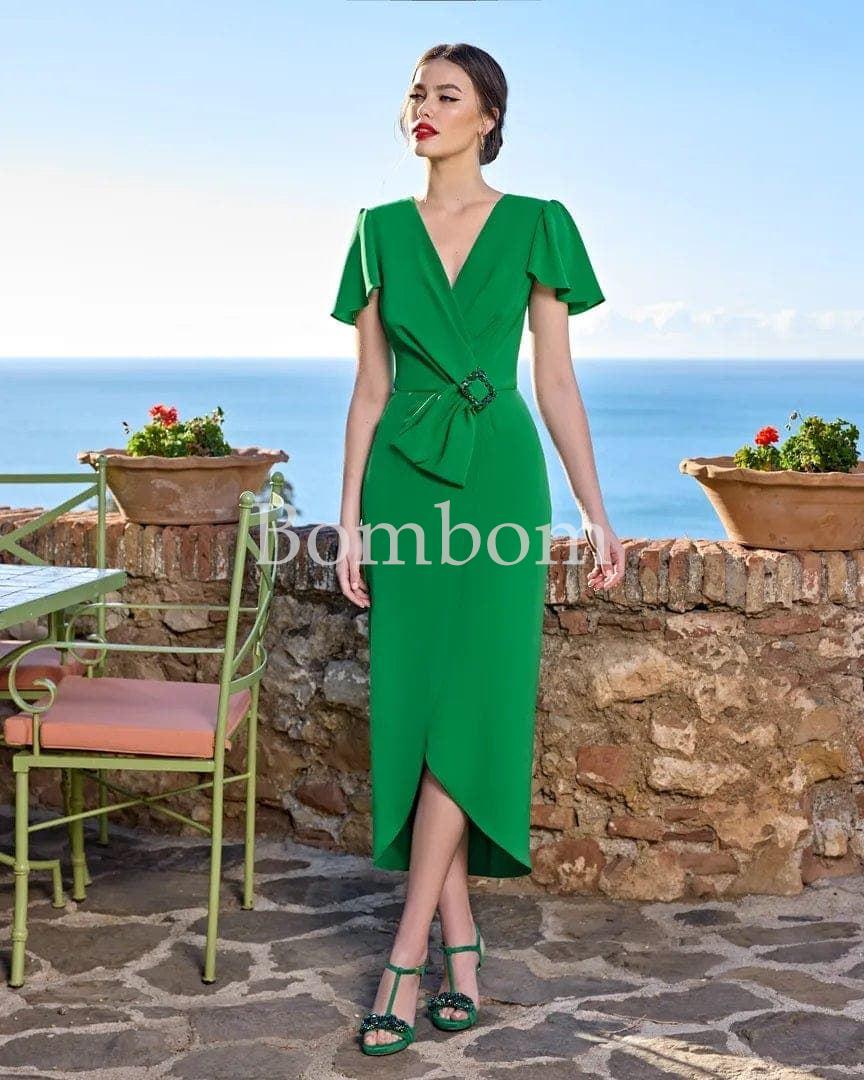 Vestido corto ceremonia verde y buganvilla - Imagen 1