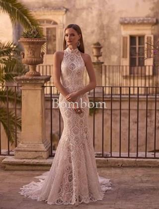 Vestido de novia corte sirena cuello halter crochet - Imagen 1