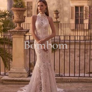Vestido de novia corte sirena cuello halter crochet - Imagen 1