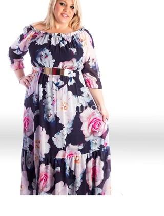 Vestido largo con mangas floral color marino y rosa , rf 5009 talla grande desde 46 hasta la 64 - Imagen 1