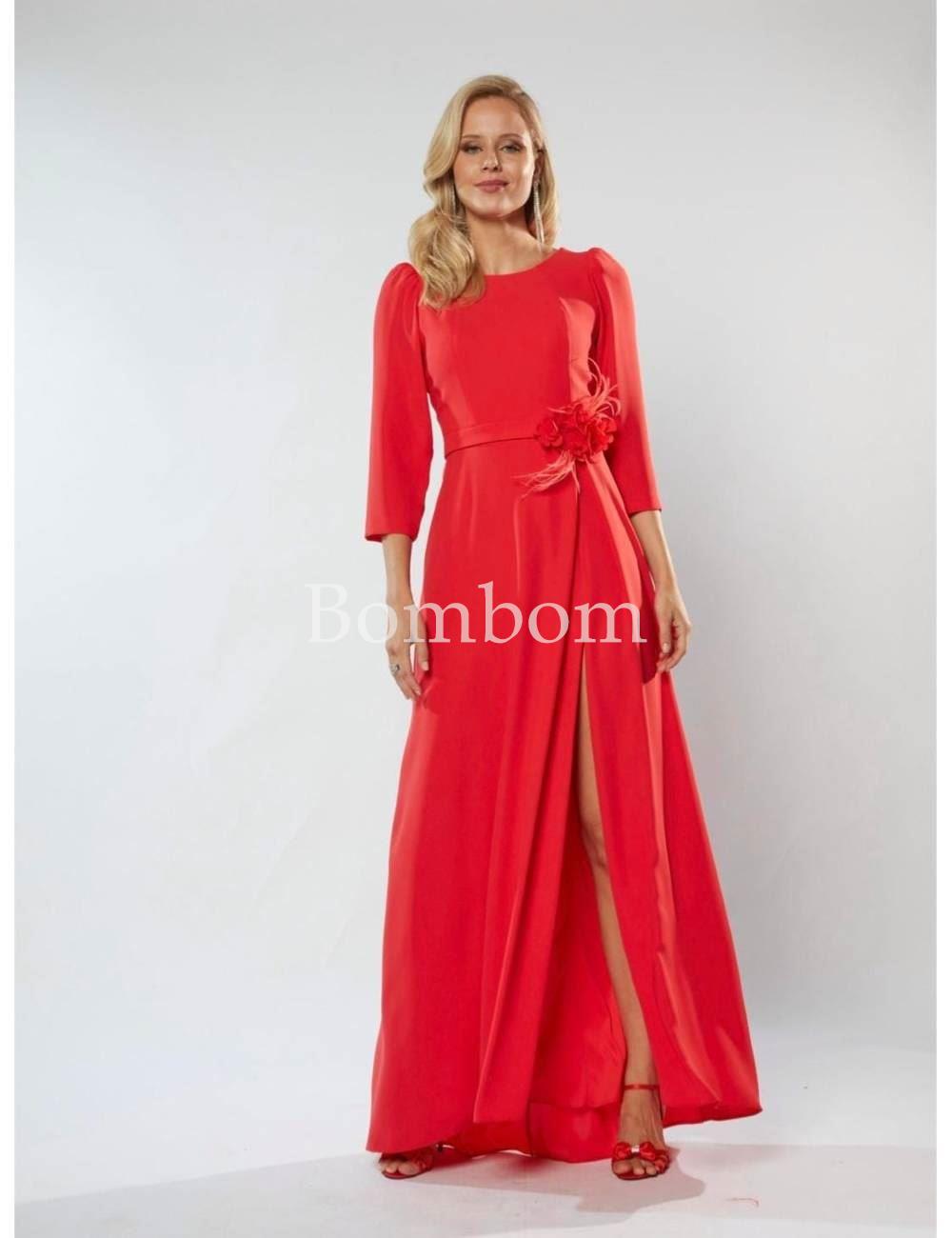 Vestido madre de novia largo coral con mangas - Imagen 1