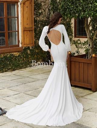 Vestido sirena liso con mangas y espalda descubierta - Imagen 2